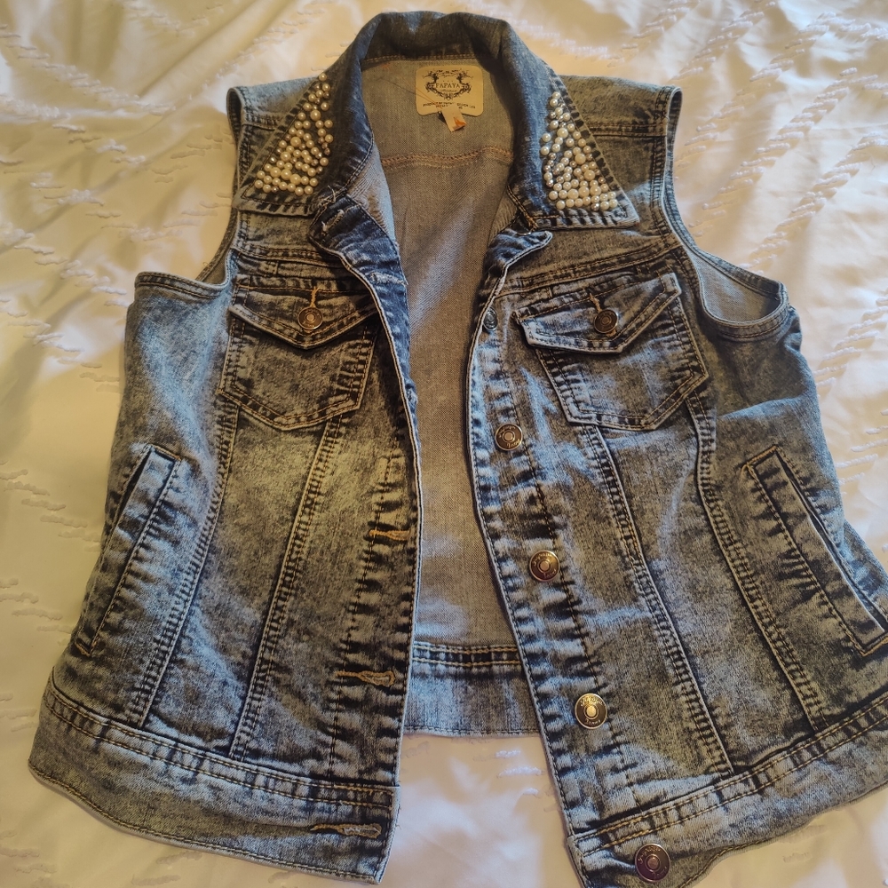 Papaya embellished collar acid wash denim vest